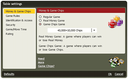 Panoul este utilizat pentru a crea un tabel nou pentru Joc de Table şi vă permite să configuraţi tabel.