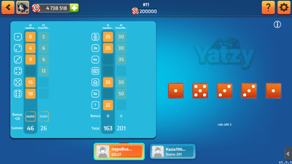 Dice the game window. On the left side shows the panel with bone chips and scoring obtained for bone chips obtained.