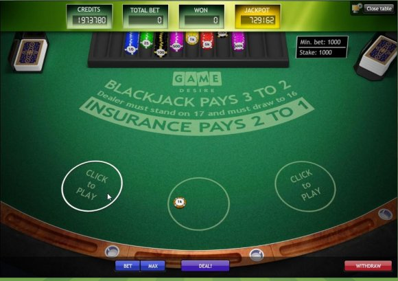 Table de Blackjack lorsque vous démarrez le jeu.